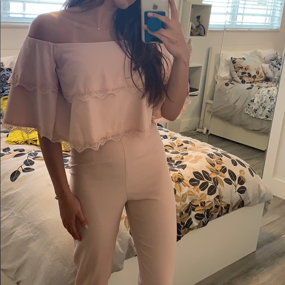 ASOS off the shoulder pink lace trim jumpsuit